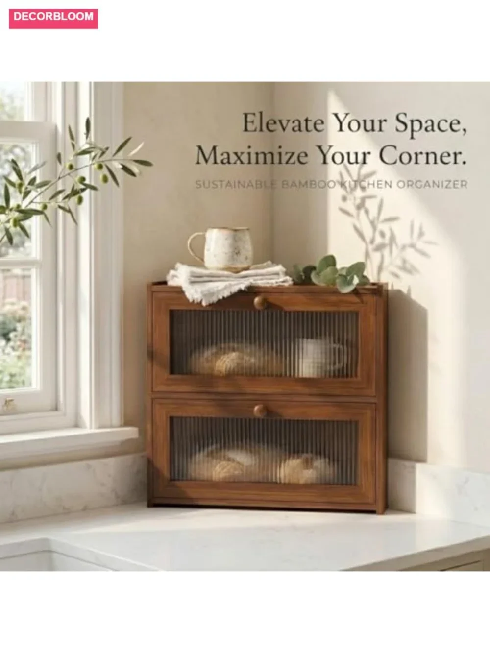 2 Tier Bamboo Bread Box for Kitchen Countertop, Large Capacity Corner Storage